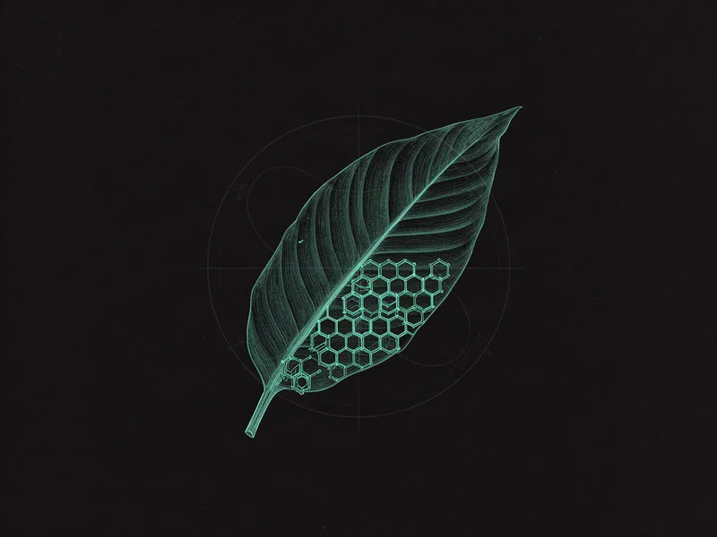 Engraved teal line drawing of a leaf whose veins resolve into a hexagonal cell lattice
