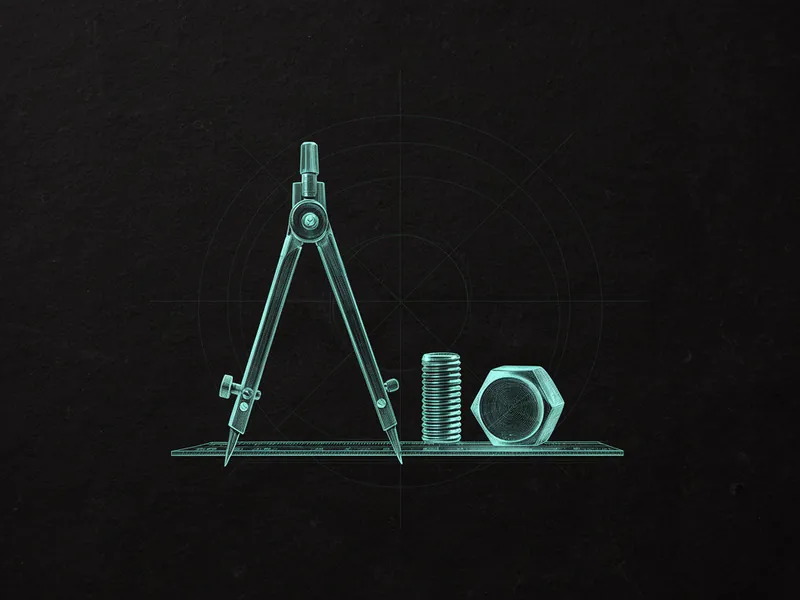 Engraved teal line drawing of a drafting compass, ruler, and hex bolt with construction guides